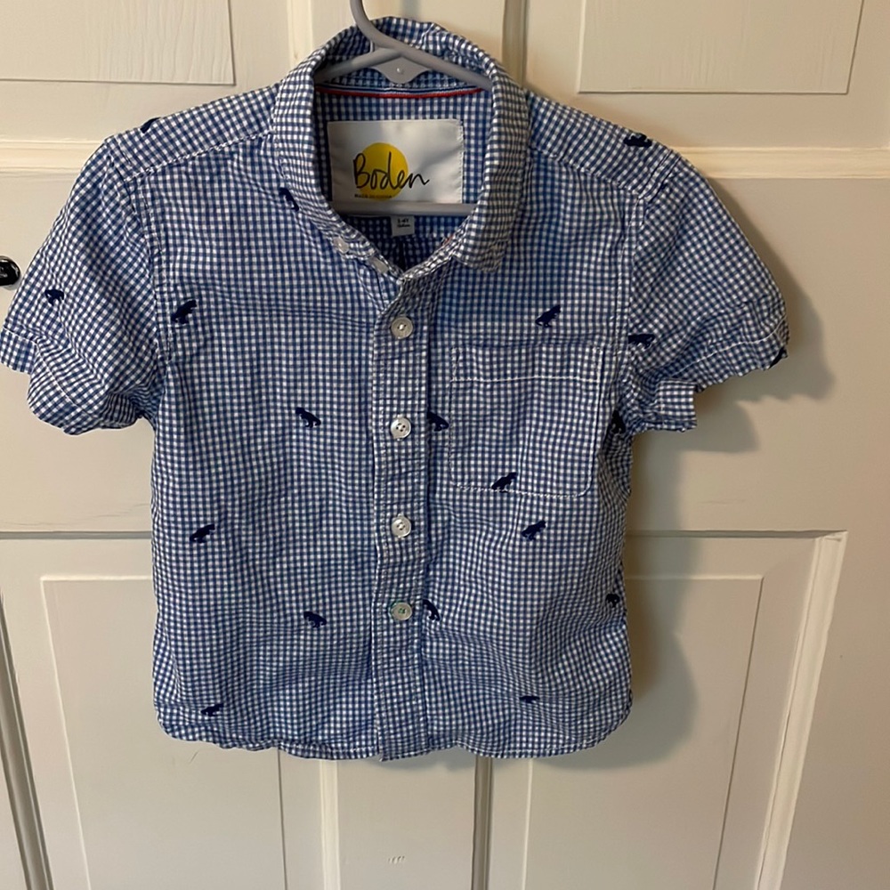 Mini Boden Dinosaur Checked Button Dress Shirt